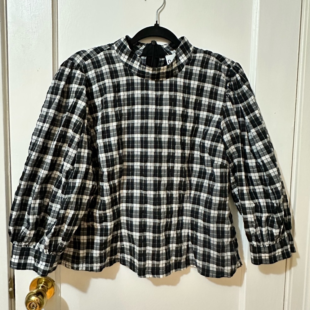 Ganni Plaid Puff Sleeve Blouse – Black & White with Silver Flecks – Zip Back